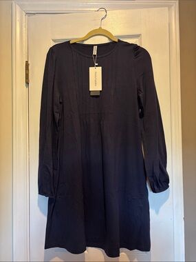 PrettyGarden Pleated Navy Long-Sleeve Shift Dress Medium